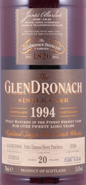 Glendronach 1990 20 Years Pedro Ximenez Sherry Puncheon Cask No. 3386 Highland Single Malt Scotch Whisky 53.6%