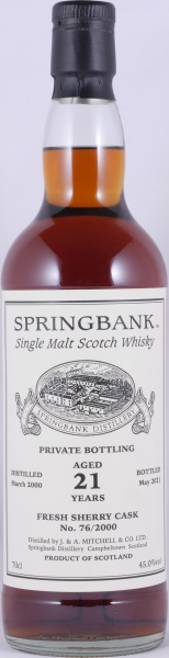 Springbank 2000 21 Years Fresh Oloroso Sherry Hogshead Cask No. 76/2000 Private Bottling Campbeltown Single Malt Scotch Whisky 45.0%