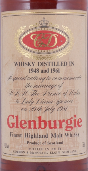 Glenburgie 1948 und 1961 Special Vatting to Commemorate the Mariage of The Prince of Wales to Lady Diana Spencer Highland Single Malt Scotch Whisky 40,0%