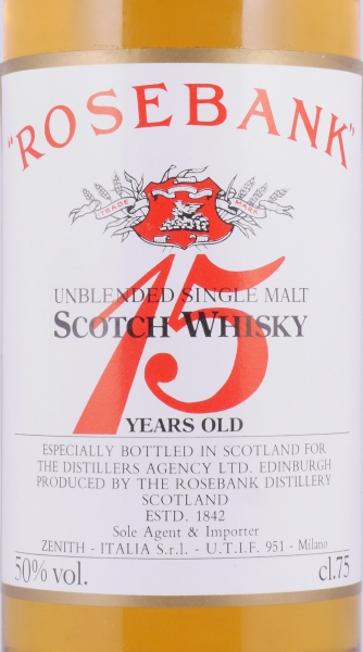 Rosebank 15 Years The Distillers Agency Edinburgh Zenith Milano Unblended Lowland Single Malt Scotch Whisky 50,0%