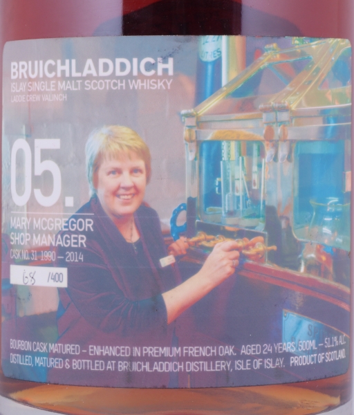 Bruichladdich 1990 24 Years Bourbon/Premium French Oak Cask No. 31 Laddie Crew Valinch 05 Marie McGregor Islay Single Malt Scotch Whisky 51.1%