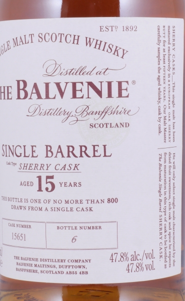 Balvenie 2005 15 Years Single Barrel European Oak Sherry Butt Cask No. 15651 Highland Single Malt Scotch Whisky 47.8%
