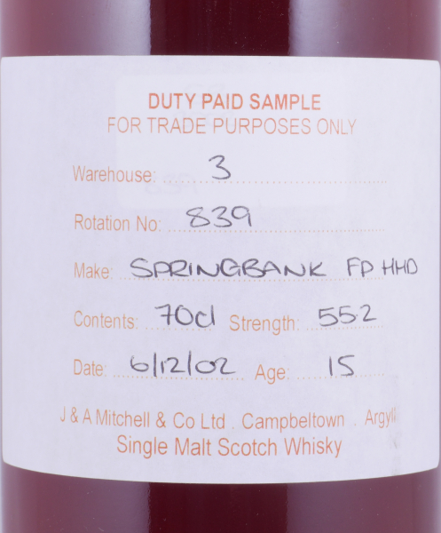 Springbank 2002 15 Years Fresh Port Hogshead Rotation No. 839 Duty Paid Sample Campbeltown Single Malt Scotch Whisky 55.2%