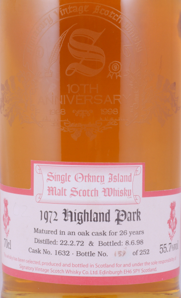 Highland Park 1972 26 Years Oak Cask No. 1632 Signatory 10th Anniversary Limited Edition Orkney Single Malt Scotch Whisky 55,7%