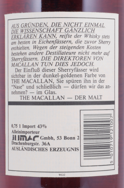 Macallan 12 Years Sherry Wood Highland Single Malt Scotch Whisky 43.0% old 75cl Bottling for JUMAC GmbH Bonn