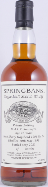 Springbank 1996 25 Years Fresh Sherry Hogshead Cask No. 74 Private Bottling M.A.L.T. Sonthofen Campbeltown Single Malt Scotch Whisky 49.0%