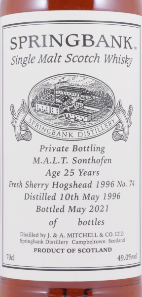 Springbank 1996 25 Years Fresh Sherry Hogshead Cask No. 74 Private Bottling M.A.L.T. Sonthofen Campbeltown Single Malt Scotch Whisky 49.0%