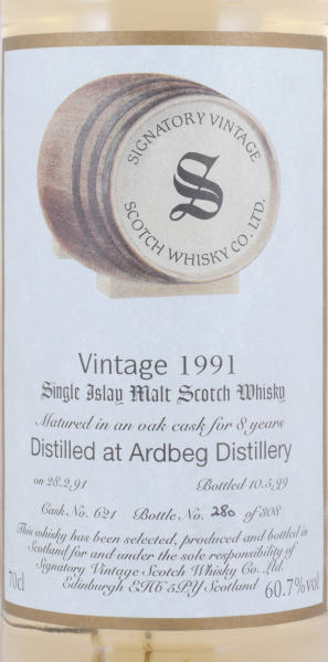 Ardbeg 1991 8 Years Oak Cask Nr. 621 Signatory Vintage Islay Single Malt Scotch Whisky Cask Strength 60,7%