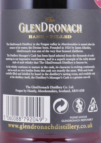 Glendronach 1994 25 Years Sherry Puncheon Cask No. 5086 Distillery Managers Exclusive Hand-Filled Highland Single Malt Scotch Whisky 54.7%