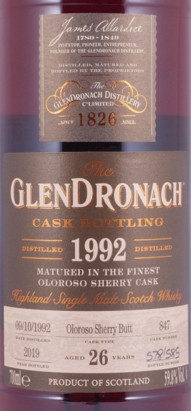 Glendronach 1992 26 Years Oloroso Sherry Butt Cask No. 847 Highland Single Malt Scotch Whisky 59.8%