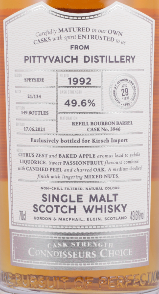 Pittyvaich 1992 29 Years Refill Bourbon Barrel Cask No. 3946 Gordon und MacPhail Connoisseurs Choice Cask Strength Speyside Single Malt Scotch Whisky 49,6%