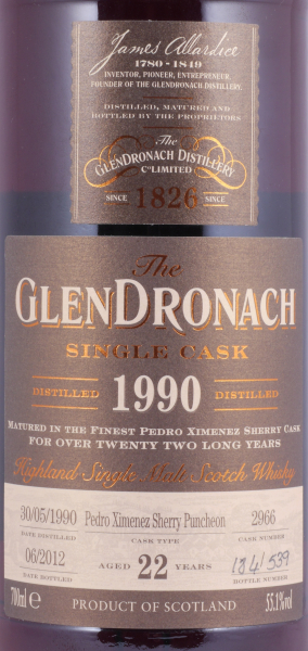 Glendronach 1990 22 Years Pedro Ximenez Sherry Puncheon Cask No. 2966 Highland Single Malt Scotch Whisky 55.1%