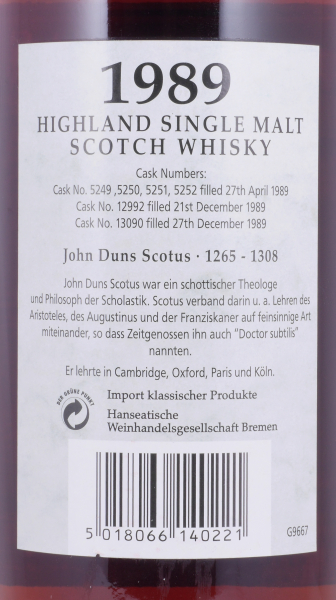 Glenfarclas 1989 24 Years Oloroso Sherry Casks Nos. 5249-52, 12992, 13090 Edition No. 18 John Duns Scotus Highland Single Malt Scotch Whisky 46,0%