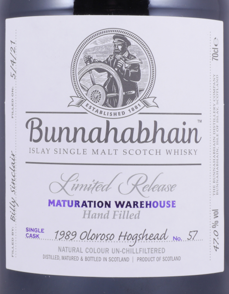 Bunnahabhain 1989 31 Years Oloroso Sherry Hogshead Cask No. 57 Limited Release Maturation Warehouse Hand Filled Islay Single Malt Scotch Whisky 47.0%