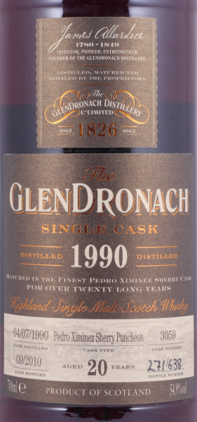 Glendronach 1990 20 Years Pedro Ximenez Sherry Puncheon Cask No. 3059 Highland Single Malt Scotch Whisky 54,9%