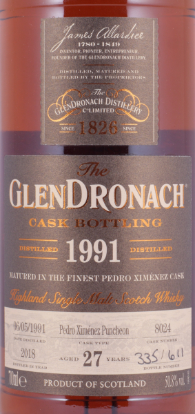 Glendronach 1991 27 Years Pedro Ximenez Sherry Puncheon Cask No. 8024 Highland Single Malt Scotch Whisky 50,8%