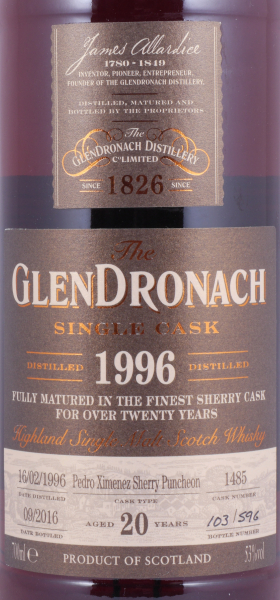 Glendronach 1996 20 Years Pedro Ximenez Sherry Puncheon Cask No. 1485 Highland Single Malt Scotch Whisky Cask Strength 53,0%