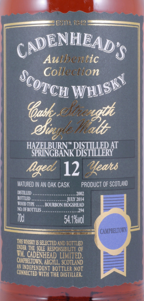 Hazelburn 2002 12 Years Bourbon Hogshead Cadenhead Campbeltown Single Malt Scotch Whisky Cask Strength 54,1%