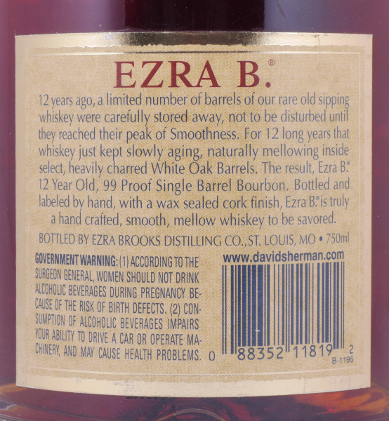 Ezra Brooks 12 Years Single Barrel No. 290 Wax Sealed Kentucky Straight Bourbon Whiskey 49.5%