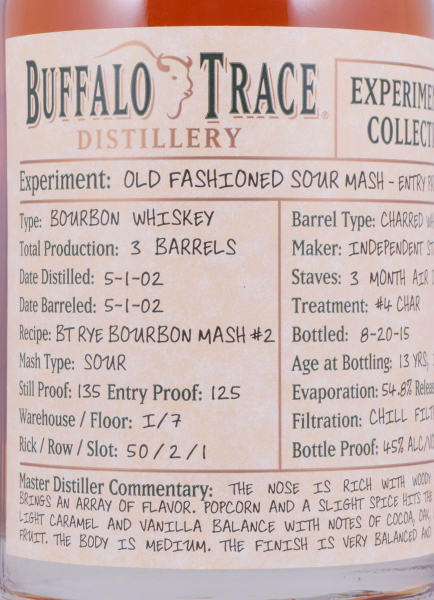 Buffalo Trace 2002 13 Years Old Fashioned Sour Mash Entry Proof 125 Experimental Collection 2015 Bourbon Whiskey 45,0%