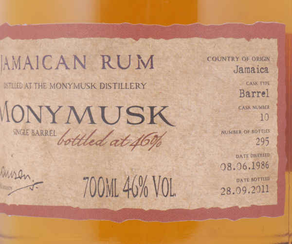 Monymusk 1986 25 Years Single Barrel No. 10 A. D. Rattray Individual Single Cask Bottling Jamaican Rum 46.0%