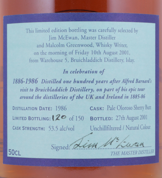 Bruichladdich 1986 15 Years Pale Oloroso Sherry Butt Malcolm Greenwood Limited Edition Islay Single Malt Scotch Whisky 53.5%