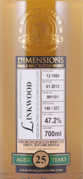 Linkwood 1986 25 Years Oak Cask No. 991101 Duncan Taylor Dimensions Speyside Single Malt Scotch Whisky Cask Strength 47.2%