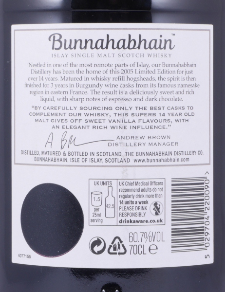 Bunnahabhain 2005 14 Years Refill Hogsheads and Burgundy Casks Finish Limited Edition Islay Single Malt Scotch Whisky 60.7%