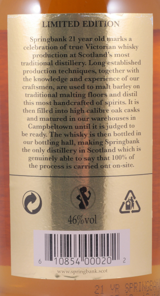 Springbank 21 Years Limited 2018 Edition Rum and First Fill Bourbon Casks Campbeltown Single Malt Scotch Whisky 46.0%