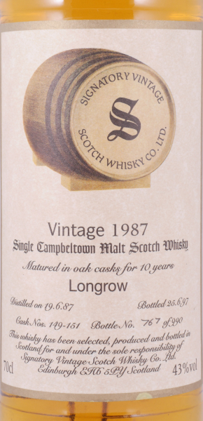 Longrow 1987 10 Years Oak Casks No. 149-151 Signatory Vintage Campbeltown Single Malt Scotch Whisky 43,0%