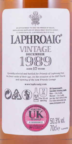 Laphroaig 1989 17 Years Oak Casks Feis Ile 2007 Limited Edition Islay Single Malt Scotch Whisky Cask Strength 50.3%