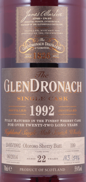 Glendronach 1992 22 Years Oloroso Sherry Butt Cask No. 199 Highland Single Malt Scotch Whisky 59,4%
