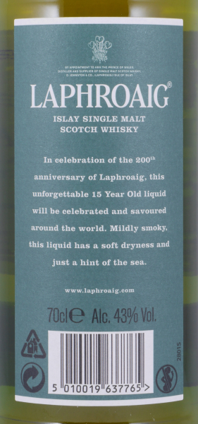 Laphroaig 15 Years 200th Anniversary of Laphroaig Limited Edition Islay Single Malt Scotch Whisky 43,0%