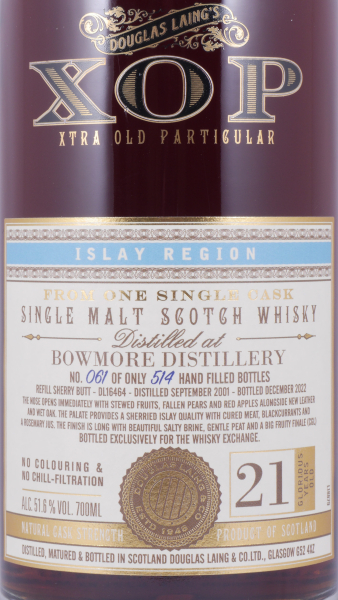 Bowmore 1995 21 Years Refill Sherry Butt Cask No. 16464 Douglas Laing XOP Xtra Old Particular Islay Single Malt Scotch Whisky 51,6%