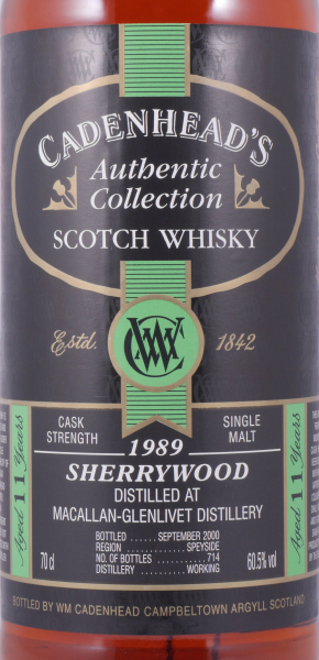 Macallan 1989 11 Years Sherry Wood Cadenhead Speyside Single Malt Scotch Whisky Cask Strength 60,5%