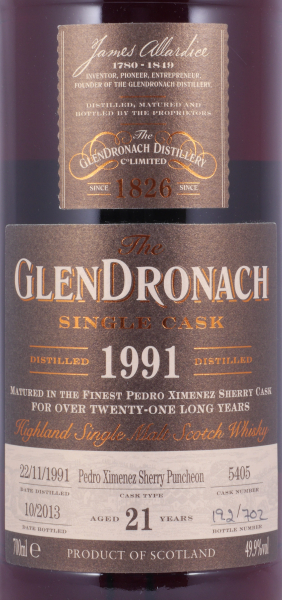 Glendronach 1991 21 Years Pedro Ximenez Sherry Puncheon No. 5405 Highland Single Malt Scotch Whisky 49.9%