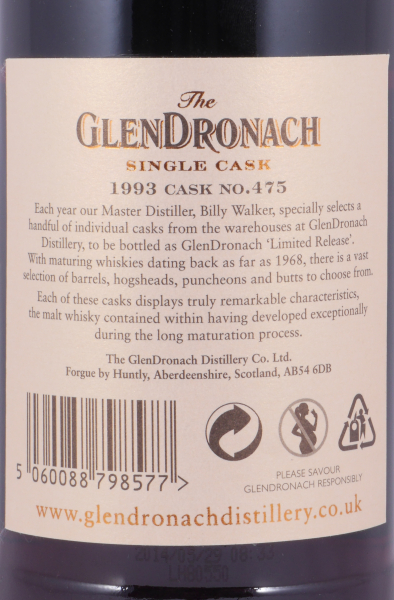 Glendronach 1993 21 Years Oloroso Sherry Butt No. 475 Highland Single Malt Scotch Whisky 56.4%