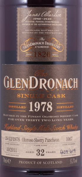 Glendronach 1978 32 Years Oloroso Sherry Puncheon No. 1067 Highland Single Malt Scotch Whisky 53,3%