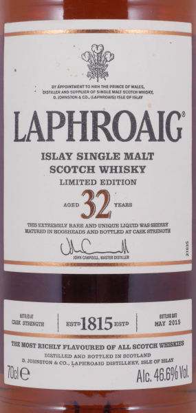 Laphroaig 32 Years Oloroso Sherry Casks Limited Edition 2015 Islay Single Malt Scotch Whisky Cask Strength 46,6%
