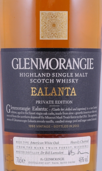 Glenmorangie 1993 19 Years Ealanta Private Edition American Virgin Oak Casks Highland Single Malt Scotch Whisky 46.0%