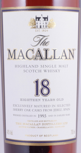 Macallan 1993 18 Years Sherry Oak Highland Single Malt Scotch Whisky 43.0%