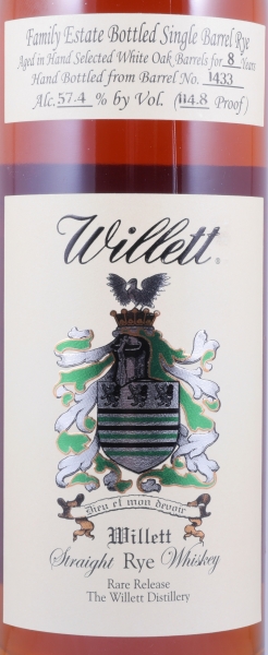 Willett 8 Years Single Barrel No. 1433 Family Estate Rare Release Straight Rye Whiskey 57.4%