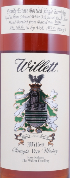 Willett 8 Years Single Barrel No. 1408 Family Estate Rare Release Straight Rye Whiskey 58.8%