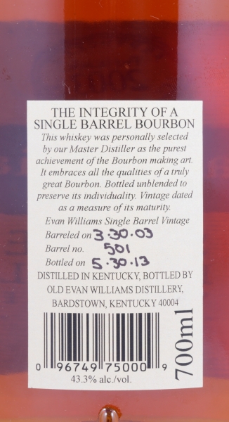 Evan Williams 2003 10 Years Single Barrel No. 501 Kentucky Straight Bourbon Whiskey 43,3%
