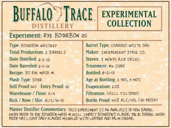 Buffalo Trace 2001 11 Years Experimental Collection Release 2014 Rye Bourbon 115 Whiskey 45,0%