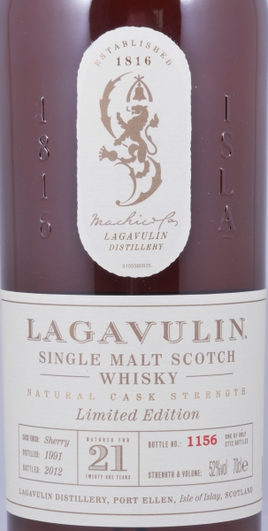 Lagavulin 1991 21 Years First Fill Sherry Casks Special Release 2012 Limited Edition Islay Single Malt Scotch Whisky Cask Strength 52,0%