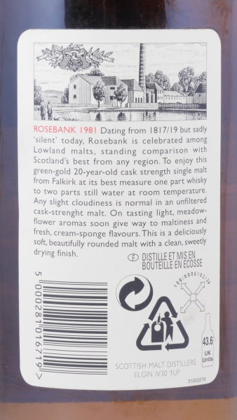 Rosebank 1981 20 Years Diageo Rare Malts Selection Limited Edition 2002 Lowland Single Malt Scotch Whisky Cask Strength 62.3%