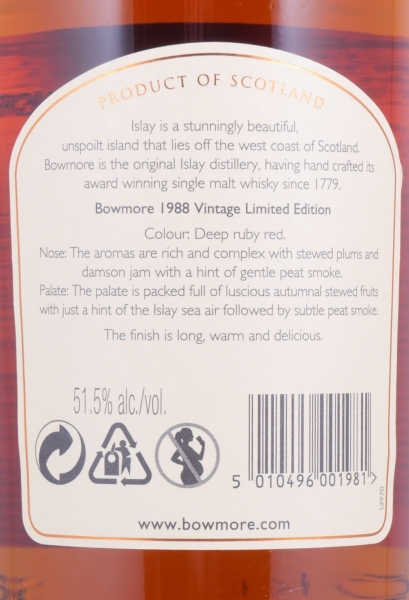 Bowmore 1988 21 Years Port Cask Matured Vintage Limited Edition Islay Single Malt Scotch Whisky 51.5%