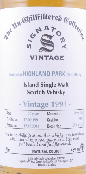 Highland Park 1991 20 Years Sherry Butt Cask No. 15117 Signatory The Un-Chillfiltered Collection Orkney Islands Single Malt Scotch Whisky 46.0%
