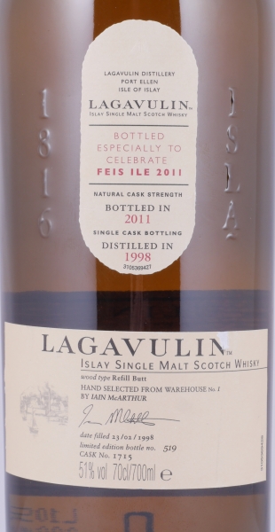 Lagavulin 1998 13 Years Refill Sherry Butt Cask No. 1715 Feis Ile 2011 Islay Single Malt Scotch Whisky Cask Strength 51,0%